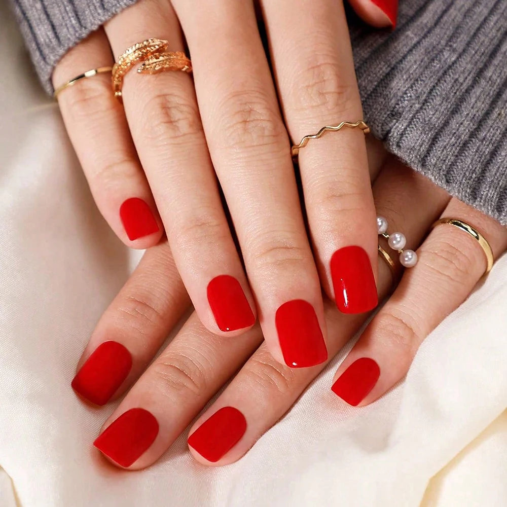 24PCS Short Square Red Full Cover Fake Nails - Smarsty