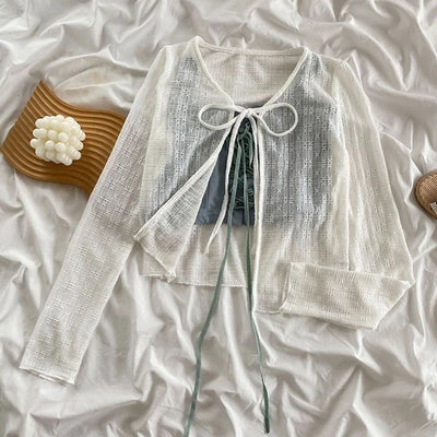 2024 White Tie Up Summer Cardigan Women Sexy Long Sleeve Sheer Mesh Crop Tops Woman Chic All Match Short Printed T Shirt Mujer - Smarsty