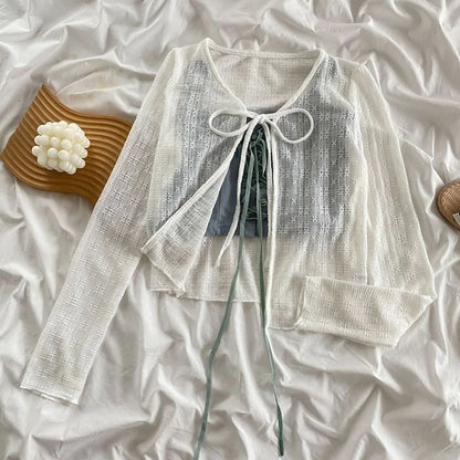 2024 White Tie Up Summer Cardigan Women Sexy Long Sleeve Sheer Mesh Crop Tops Woman Chic All Match Short Printed T Shirt Mujer