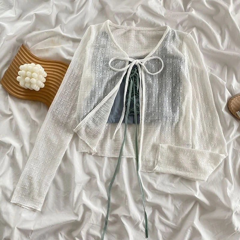 2024 White Tie Up Summer Cardigan Women Sexy Long Sleeve Sheer Mesh Crop Tops Woman Chic All Match Short Printed T Shirt Mujer