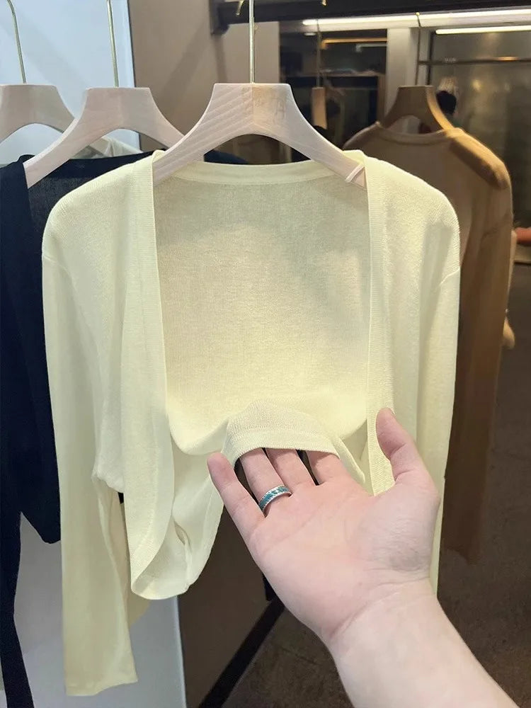 Short Ice Silk Knitted Sun Protection Cardigan Women's Thin Summer Suspender Skirt Layered Gauze Jacket Air-conditioned Cover Up