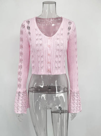 TARUXY Hollow Knitted Cardigan Women's Solid Long Sleeve V Neck Short Sweater Top Summer 2025 New Female Crochet Casual Outwear