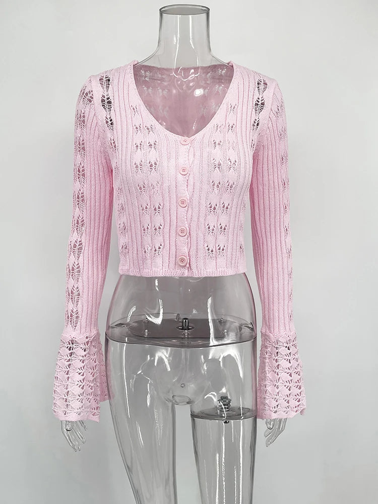 TARUXY Hollow Knitted Cardigan Women's Solid Long Sleeve V Neck Short Sweater Top Summer 2025 New Female Crochet Casual Outwear