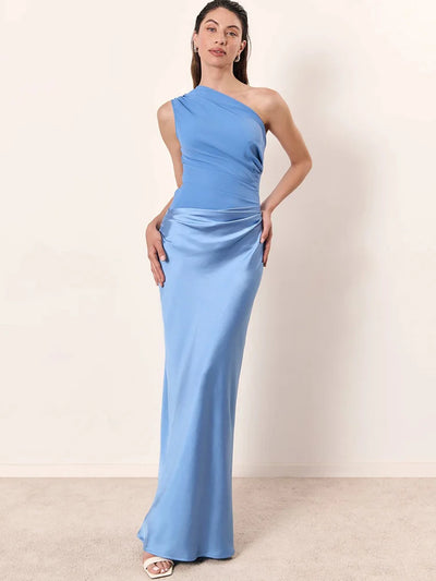 JULISSA MO Patchwork Satin Sexy One Shoulder Women Maxi Dress Brown Sleeveless Evening Dress Summer Slim Elegant Party Clubwear - Smarsty