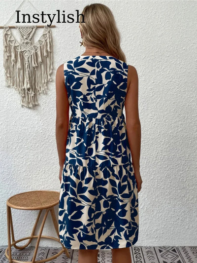 Women Boho Print Mini Dress Summer Elegant Sleeveless V Neck Ruffle A Line Tank Dress Casual Loose Oversize Beach Party Sundress - Smarsty