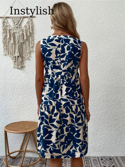 Women Boho Print Mini Dress Summer Elegant Sleeveless V Neck Ruffle A Line Tank Dress Casual Loose Oversize Beach Party Sundress - Smarsty