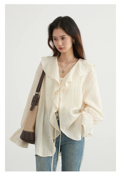 CHIC VEN Women Shirt Loose Casual Ruffled Edges Female Blouses V Neck Lace Up Mid Length Woman Shirts Spring Summer 2024 - Smarsty