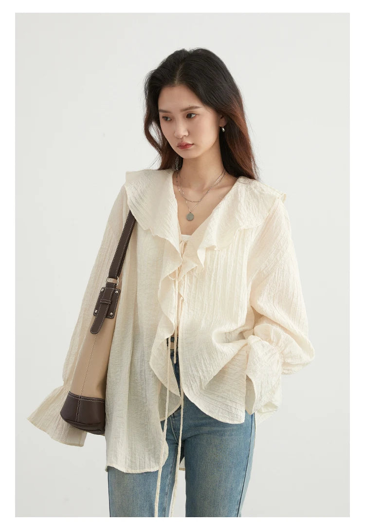 CHIC VEN Women Shirt Loose Casual Ruffled Edges Female Blouses V Neck Lace Up Mid Length Woman Shirts Spring Summer 2024 - Smarsty