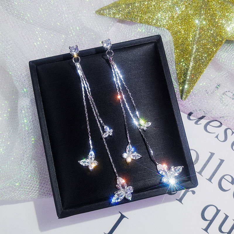 Long Crystal Tassel Butterfly Dangle Earrings for Women - Smarsty