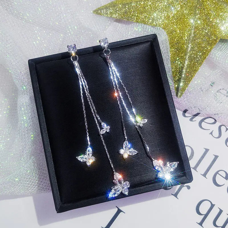 Long Crystal Tassel Butterfly Dangle Earrings for Women - Smarsty