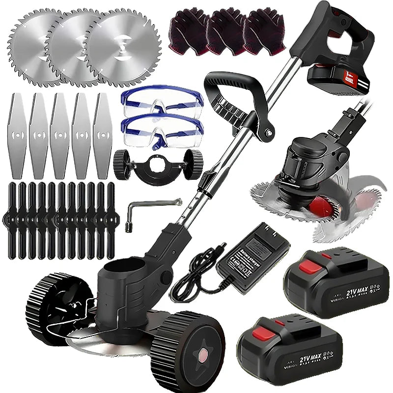 Wireless portable weed trimmer for lawn trimming. The trimmer is equipped with 2 lithium batteries and comes with replaceable bl
