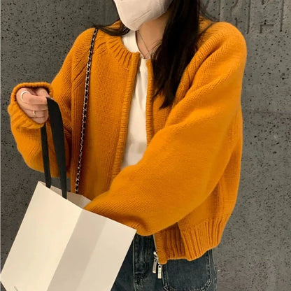 Autumn Winter Short Knitting Cardigan Women Solid Color Long Sleeve Round Neck Sweater Jacket 2025 Casual Zipper Sweater Coats - Smarsty