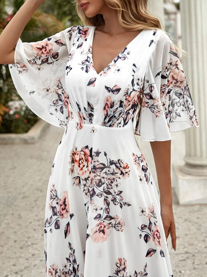 Wefads Women Long Dress Summer Casual Sexy V-Neck Lotus Leaf Sleeves Printed Beach Holiday Dresses - Smarsty