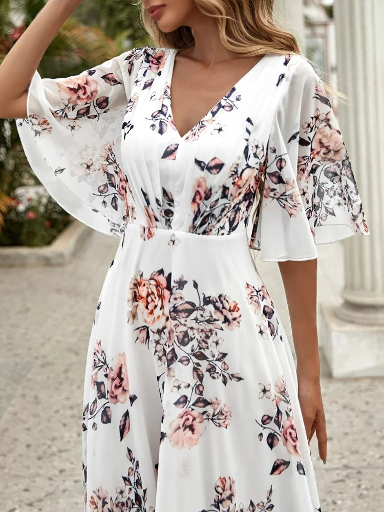 Wefads Women Long Dress Summer Casual Sexy V-Neck Lotus Leaf Sleeves Printed Beach Holiday Dresses - Smarsty