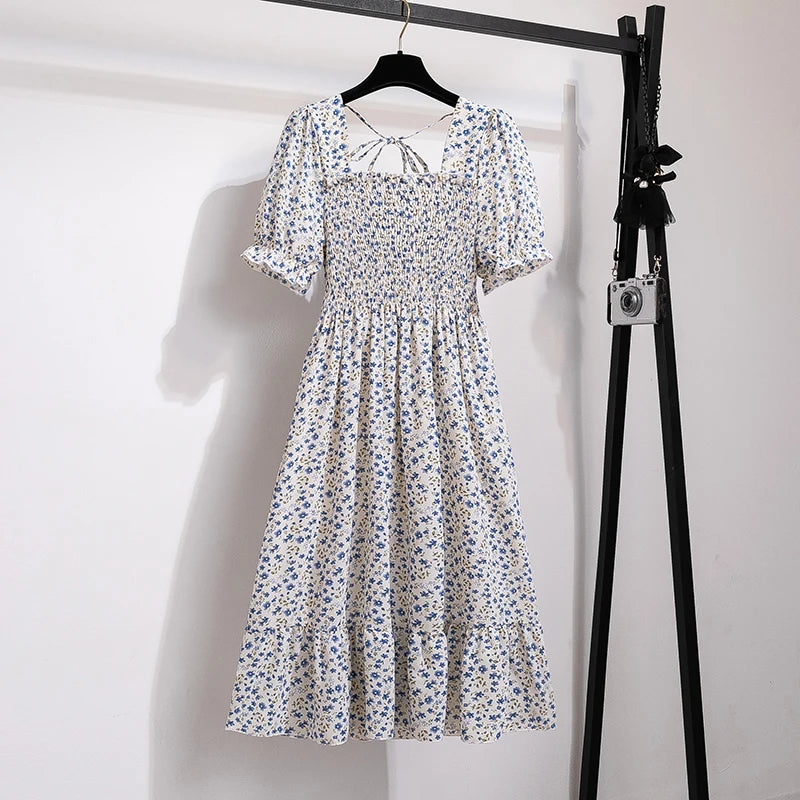 Summer Pleated Women Chiffon Dresses Casual Beach Holiday Short Sleeve Square Collar Woman Midi Dress Bohemian Mujer Vestidos - Smarsty