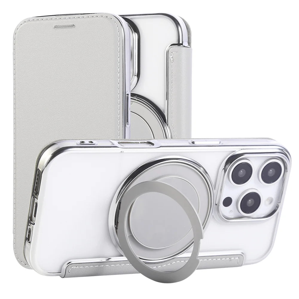 Flip Leather Wallet Rotating Fold Stand Magnetic Phone Case For iPhone 15 16 17 Pro Max 16E 14 13 12 For Magsafe Clear Cover