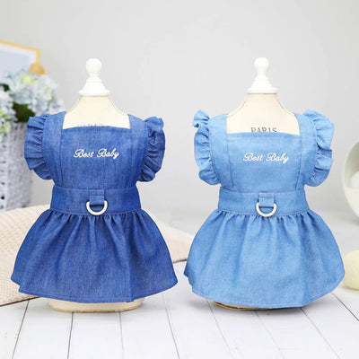 Cute Denim Dress for Small Dogs with Leash Ring - Smarsty