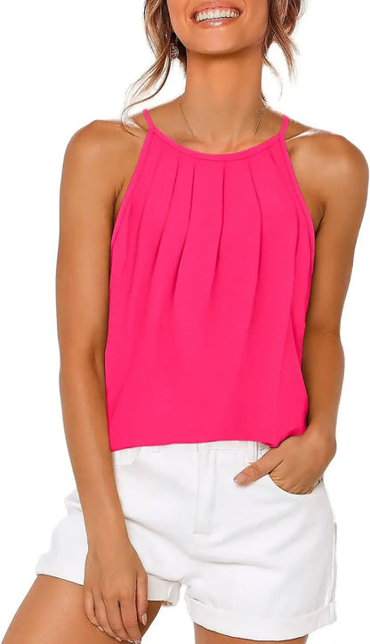 Womens Pleated Tank Tops Spaghetti Strap Camisole Halter Tops Curved Hem Fashion 2024