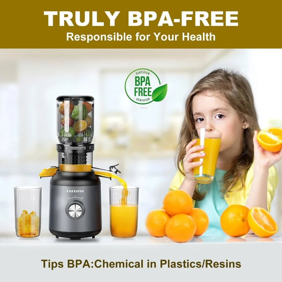 Cold press juicer with 4.2inch large feed chute for whole fruits and vegetables slow juicing extraction machine with 250W masti