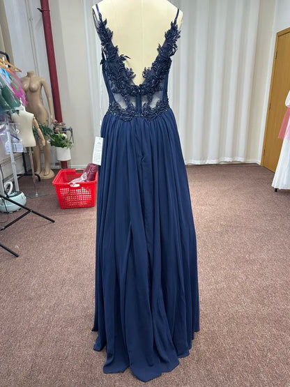 Spaghetti Straps Navy Blue A Line Evening Dresses 2025 Elegant Beaded Appliques Illusion Prom Gowns Formal Party Vestido De Gala