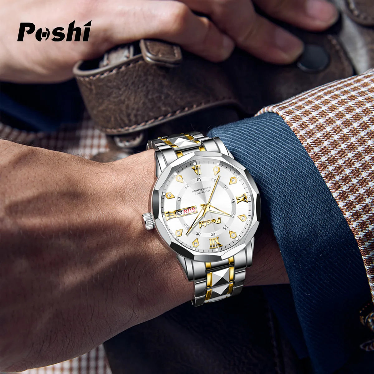 Poshi Men's Waterproof Luminous Quartz Watch with Dual Calendar - Smarsty