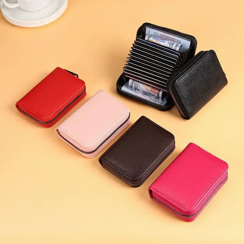 Multi Slot Card Holder Vintage Small Wallet Women Men Business Bank Credit Card Bag Male Coin Pouch Solid Leather Zipper Wallet