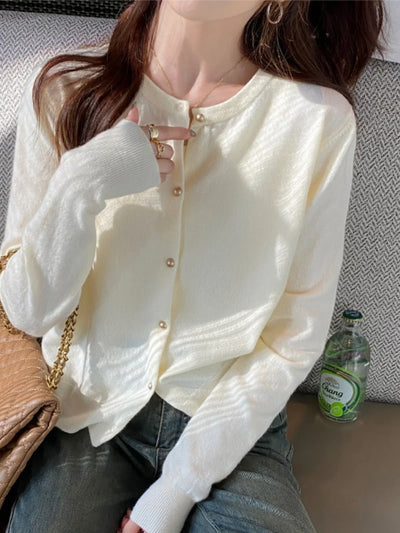Solid Color Knitted for Women Cardigan Korean Single Breasted Long Sleeve Jumper Woman Round Neck All Match Cardigans Outwear - Smarsty