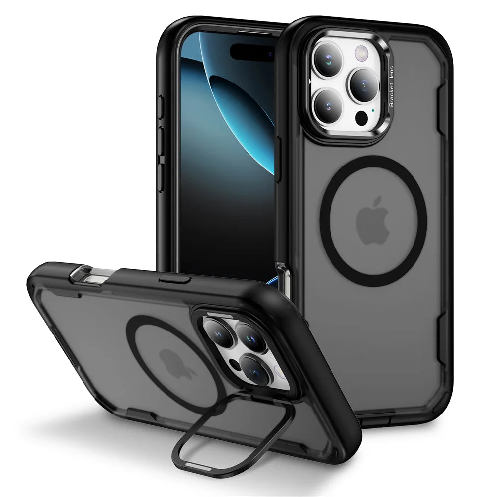 For Magsafe Dual Armor Bumper Lens Stand Phone Case For iPhone 17 16 15 14 Plus 13 12 Pro Max 11 Shockproof Protective Cover