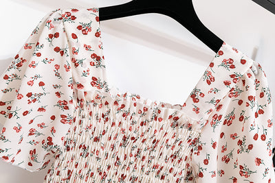 Spring Summer Chiffon Dress Women Midi DressesFemale Short Sleeve Elastic Waist Printed Floral Pleated Backless Casual Dress - Smarsty