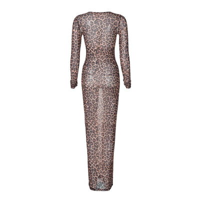 Hugcitar Leopard Print Mesh Long Sleeve Sexy Slim  See Through Maxi Dress Fall Women Fashion Outfits Beach Vacation Club - Smarsty