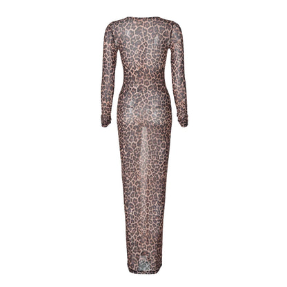 Hugcitar Leopard Print Mesh Long Sleeve Sexy Slim  See Through Maxi Dress Fall Women Fashion Outfits Beach Vacation Club