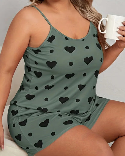 Plus Size Heart Print Women Pajama Set Sleeveless O Neck Crop Top & Elastic Waist Shorts 2 Pieces Female Sleepwear Nightwear - Smarsty