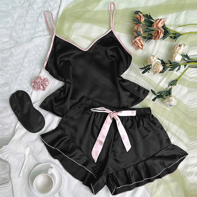 Women's Smooth Satin Pajamas V-Neck T-Shirt Ruffled Edges And Bow Shorts Simple And Breathable Pajama Set Sling Home Clothing - Smarsty