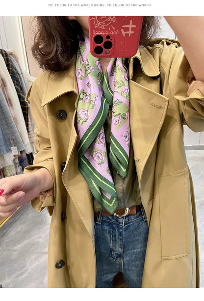 Luxury Silk Skinny Scarf with Cat Print for Women - Smarsty