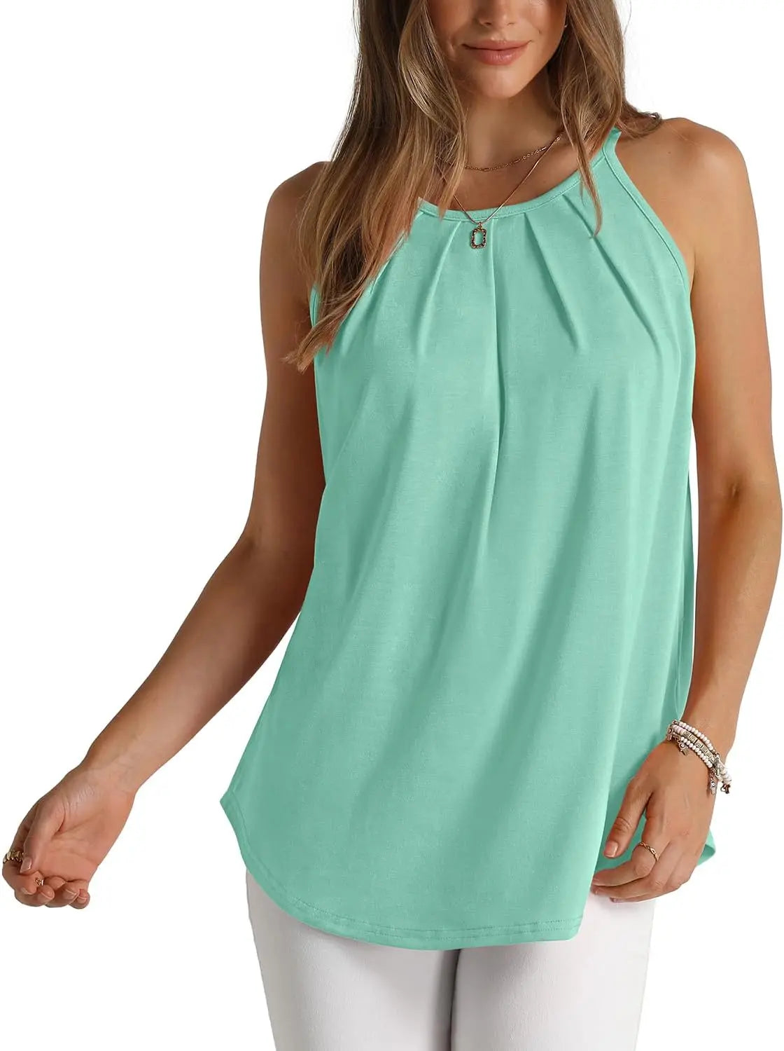 Womens Pleated Tank Tops Spaghetti Strap Camisole Halter Tops Curved Hem Fashion 2024