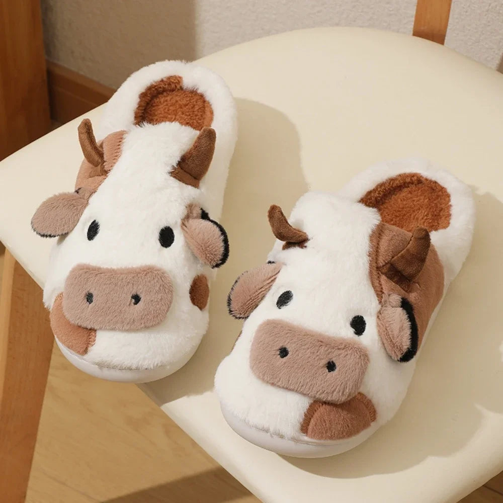 Winter Home Slippers for Couples Warm Plush Neutral Cartoon Cow Indoor Anti Slip Comfortable Cotton Slippers for Men and Women - Smarsty