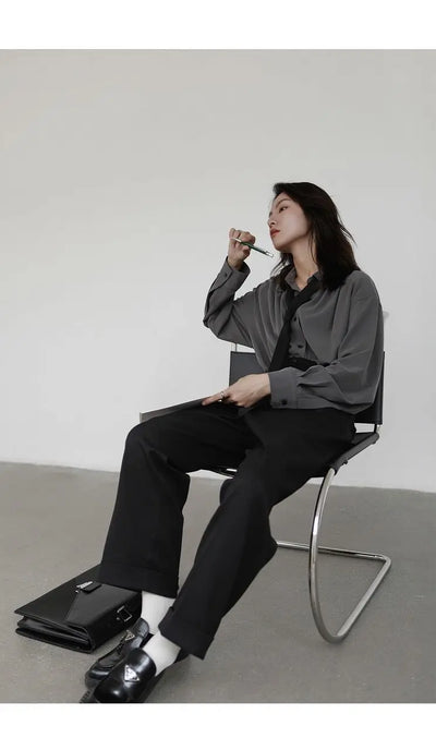 2025 Summer Minimalist Long Sleeve Button Up Shirt Women Korean Style Solid Tie Oversize Shirts Blouse Loose Clothes Autumn Tops - Smarsty