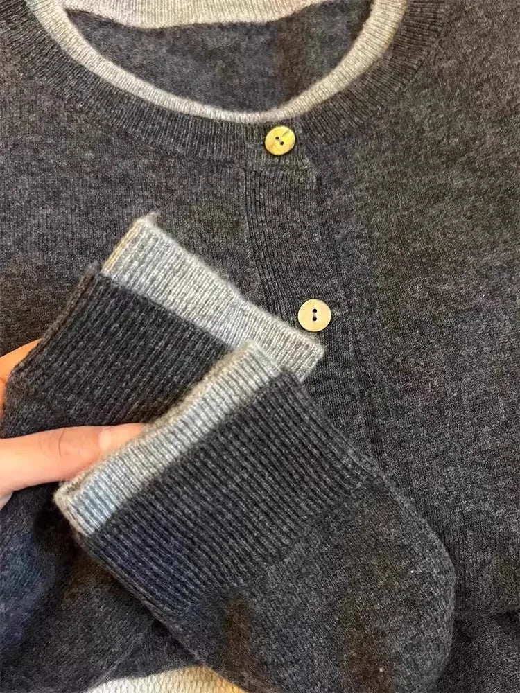 Fake two 100% pure cashmere sweater cardigan dark grey high-grade wool knit coat top - Smarsty
