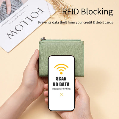 Women Genuine Leather Slim Short Wallet RFID Blocking Bi-Fold Wallet Credit Card Holder money clip wallet Zipper Coin pocket - Smarsty