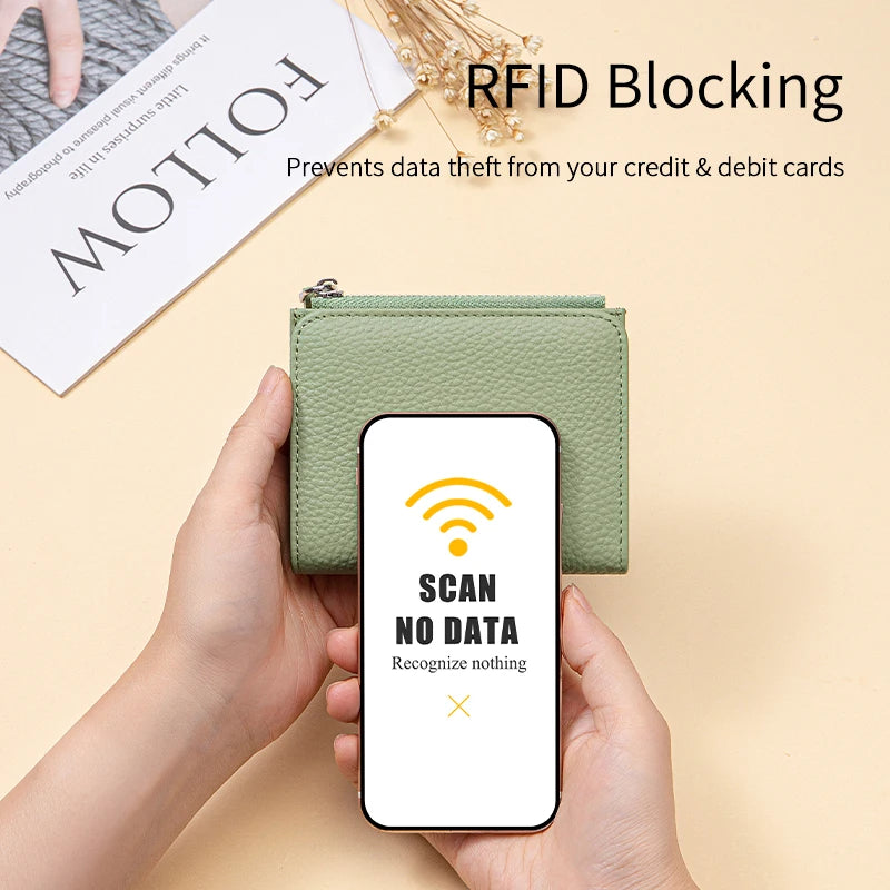 Women Genuine Leather Slim Short Wallet RFID Blocking Bi-Fold Wallet Credit Card Holder money clip wallet Zipper Coin pocket