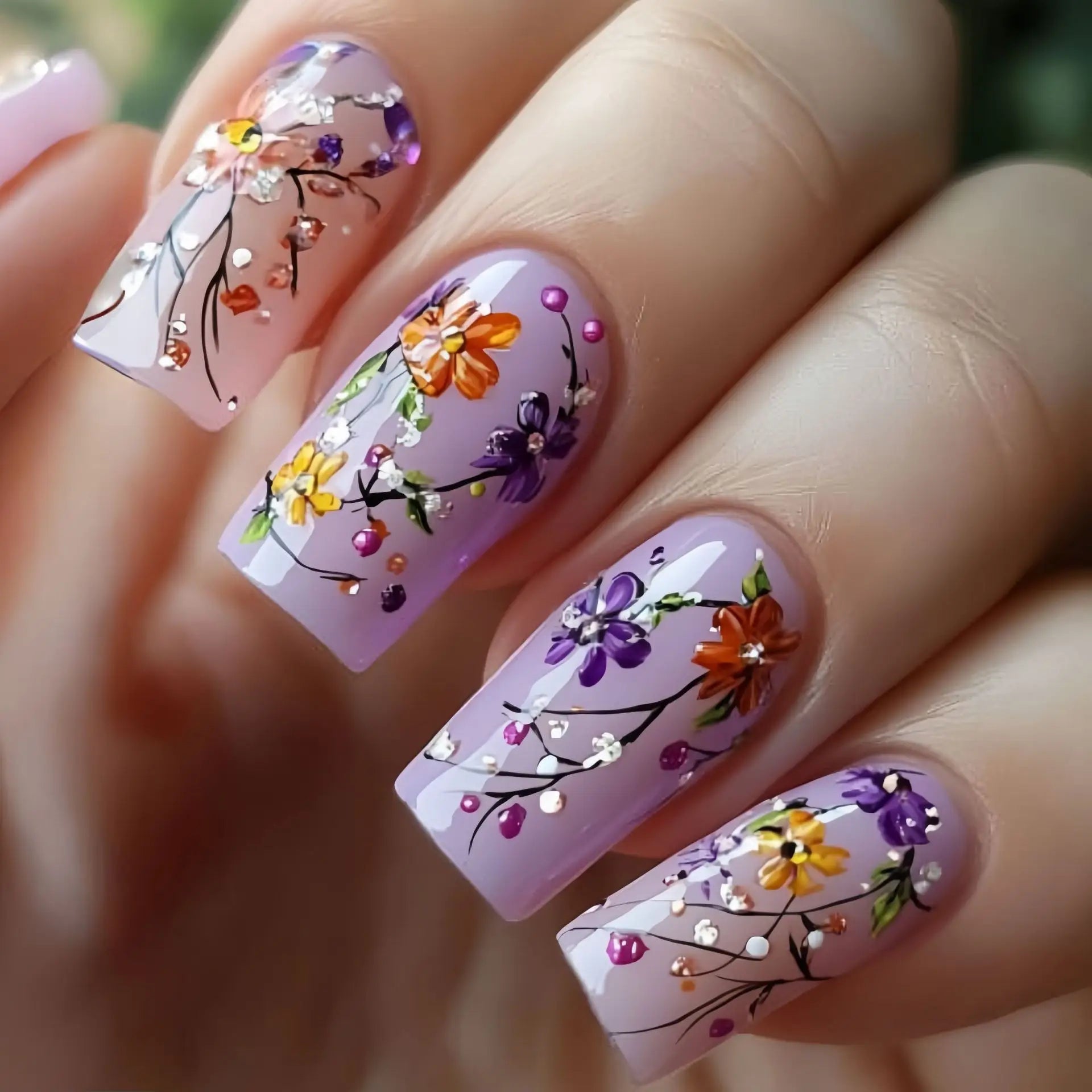 24 Piece Set Medium Long Press On Nails with Floral Design - Smarsty