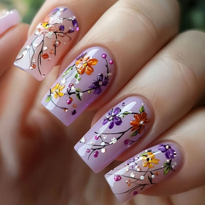 24 Piece Set Medium Long Press On Nails with Floral Design - Smarsty