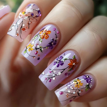 24 Piece Set Medium Long Press On Nails with Floral Design - Smarsty