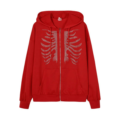 Y2K Rhinestone Skeleton Hoodies Women Gothic Black Zip Up Oversized Sweatshirts Female Retro Harajuku Hooded Jacket Streetwear - Smarsty