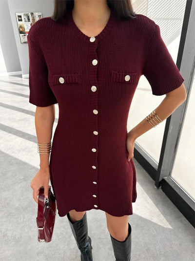 Trendix Elegant Knit Mini Dress Women Street Slim High Waist Short Sleeve Rib Sweater Dresses Vacation Bodycon Knitwear Dress - Smarsty