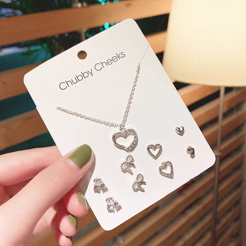 4 Pair Silver Heart Stud Earrings Set Cute Gift Everyday - Smarsty
