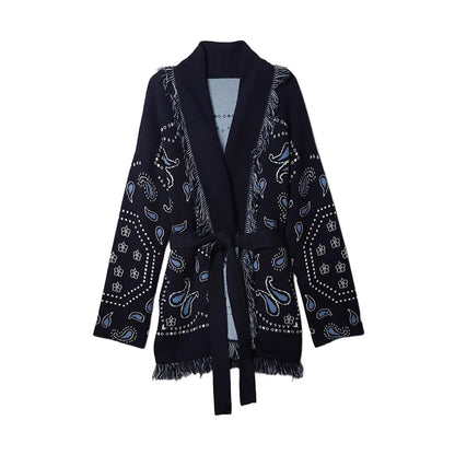 Tassel Patchwork Printed Cardigan Women Geometric Patterns Belts V-neck Long Sleeve Knitted Street Lady Sweater 2025 Autumn Coat - Smarsty