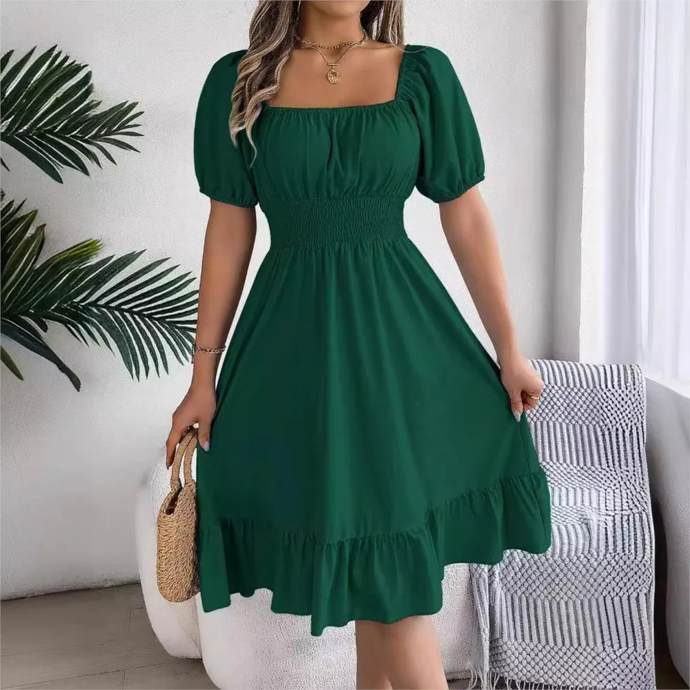 Women's MIidi Dresses 2024 Summer Casual Square Neck Short Sleeved Waist Ruffle Edge Dress Dress Women Elegant Платья Женские - Smarsty