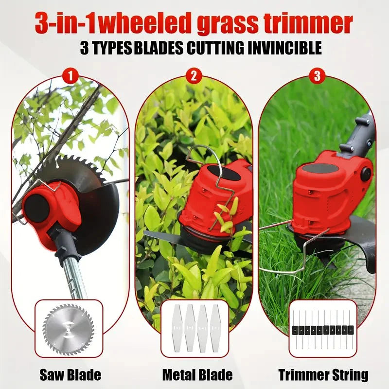 Cordless Lawn Trimmer Weed Wacker Lawn Mower Grass Edger with 2 Li-Ion Batteries Powered & 3 Cutting Blade Types