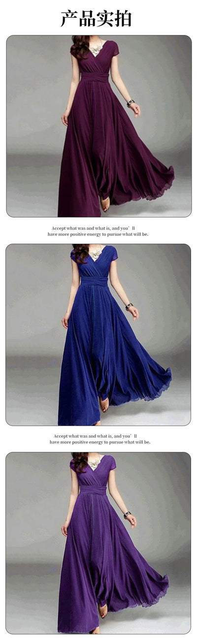 Women's Short-Sleeved Chiffon Evening Dress, Female Party Dress, Monochromatic, Bohemian, Long, Elegant, New, 2022 - Smarsty